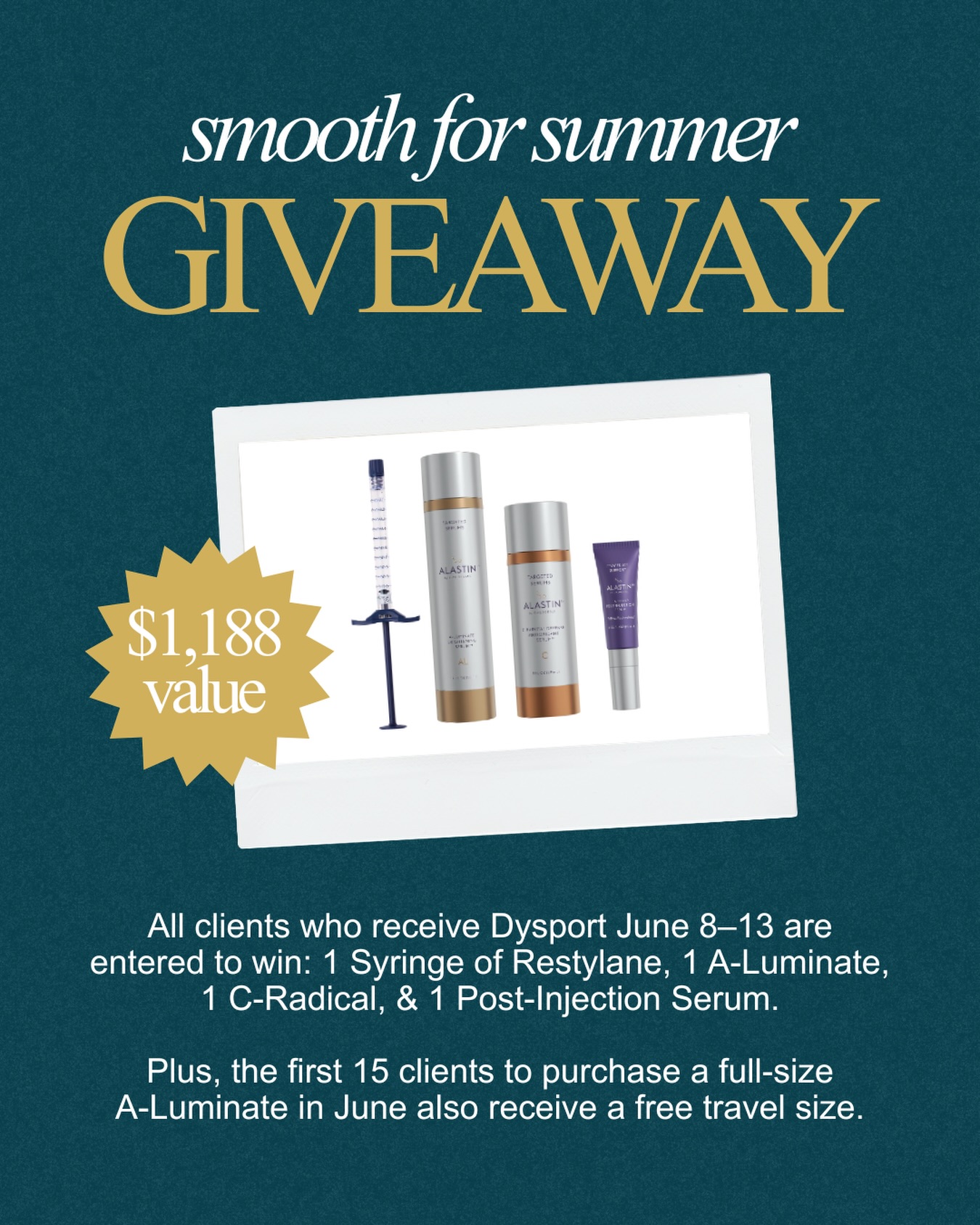 Summer is almost here ☀️, and you deserve to walk into it feeling smooth, refreshed, and radiant.
We’re celebrating with a special giveaway. Receive Dysport 💉 June 8–13, and you’re automatically entered to win a $1,188 prize package:
✨ 1 Syringe of Restylane
✨ 1 A-Luminate Serum
✨ 1 C-Radical Serum
✨ 1 Post-Injection Serum
BONUS: The first 15 clients to purchase a full-size A-Luminate in June also receive a free travel size, perfect for summer on the go.
Appointments are limited, so don’t wait. Secure yours through our link in bio.