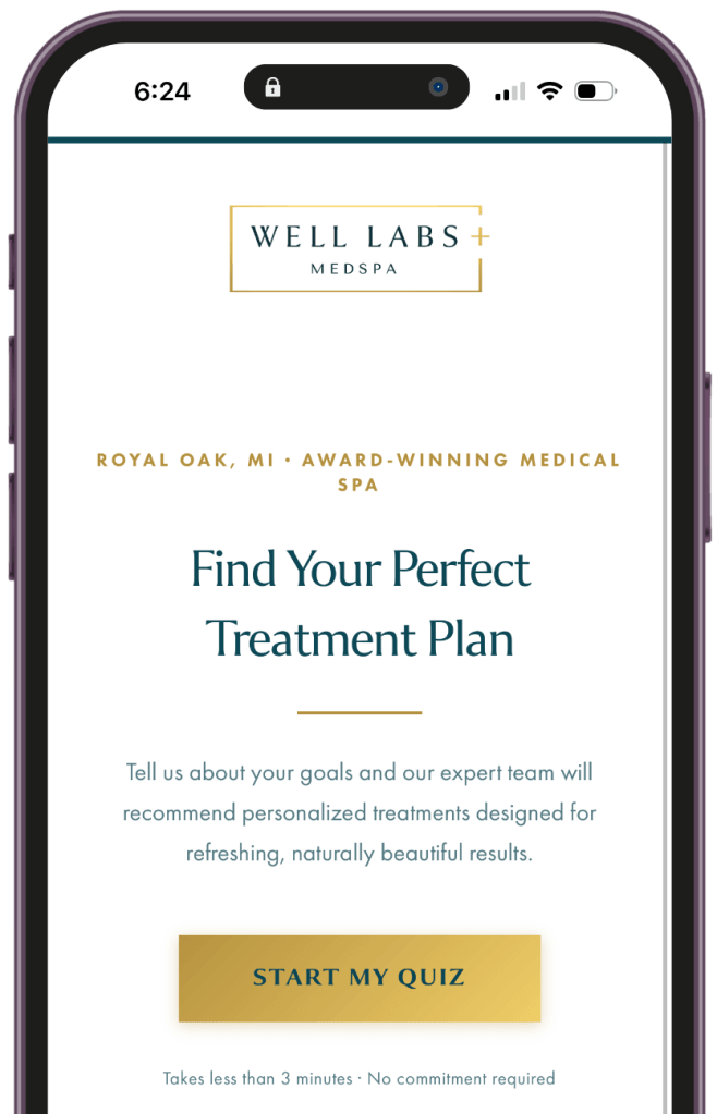 Well Labs+ Medspa treatment planner quiz landing page with gold "Start My Quiz" button